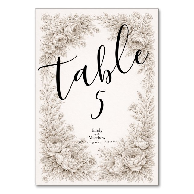 Regency Botanical Engraving Wedding Table Number (Front)