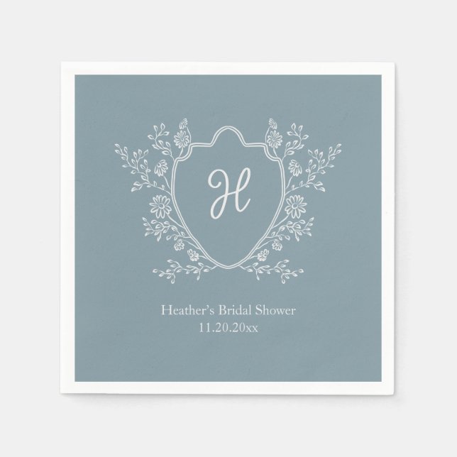 Regency Crest Monogram Blue Bridal Shower Napkin (Front)