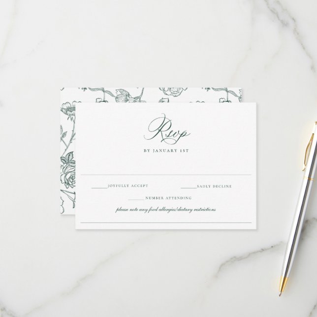 Regency Emerald Allergy Diet Restriction Wedding RSVP Card (Front/Back In Situ)