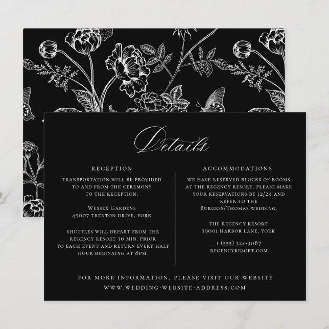 Regency Era Black Floral Wedding Details Card (Front/Back)