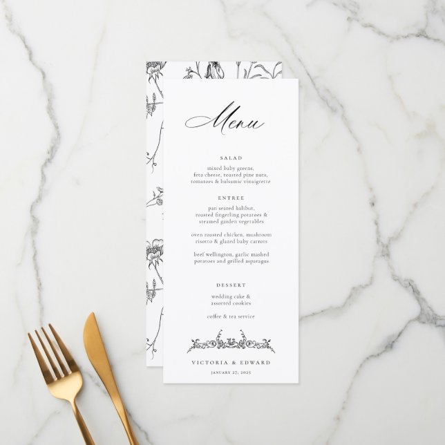 Regency Era Black Vintage Floral Wedding Menu (Front/Back In Situ)