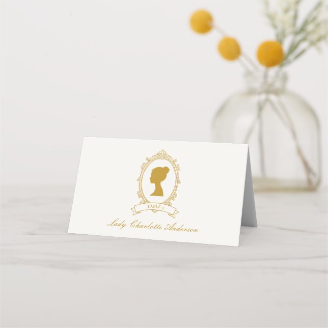 Regency Era Blue and Gold Bridal Shower Place Card (Front)