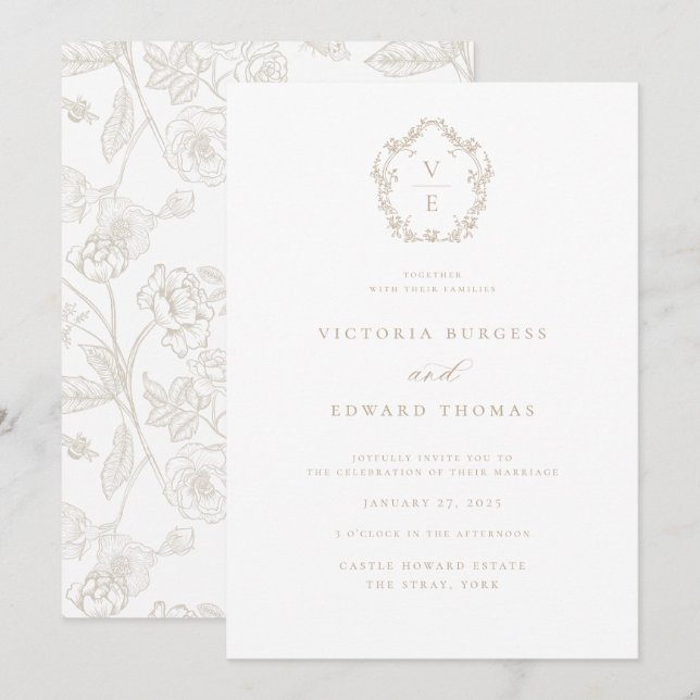 Regency Era Crest Beige Monogram Wedding Invitation (Front/Back)