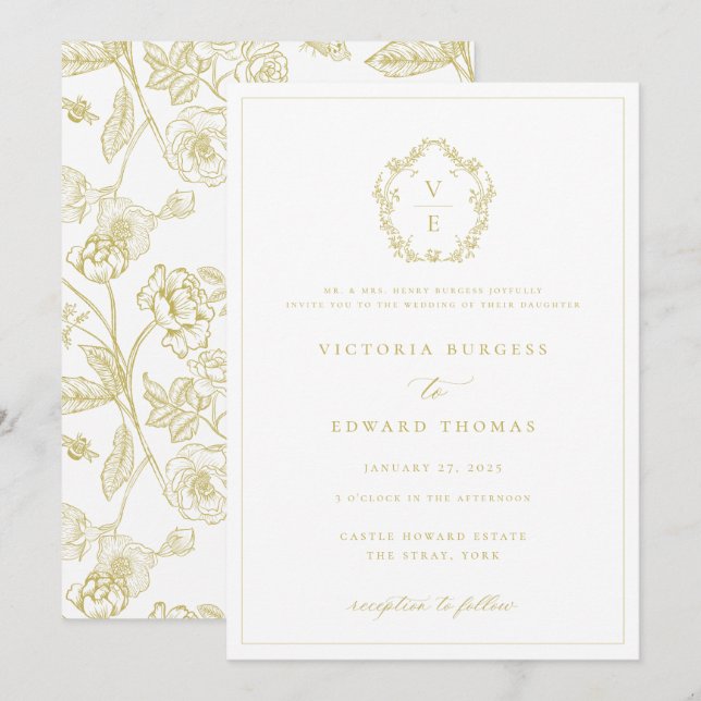 Regency Era Gold Crest Monogram Wedding Invitation (Front/Back)