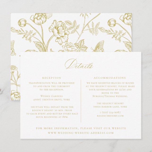 Regency Era Gold Floral Wedding Details Card (Front/Back)
