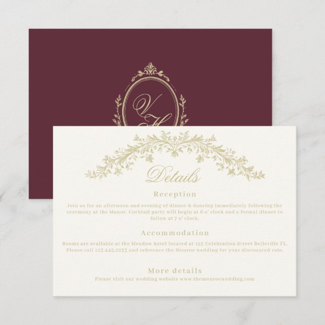 Regency Era Wedding Elegant Heirloom Details Enclosure Card (Front/Back)