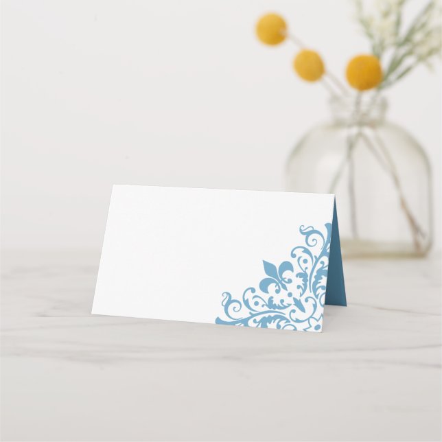 Regency French Blue Fleur de Lis Pattern Wedding Place Card (Front)