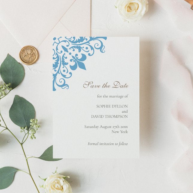 Regency French Blue Fleur de Lis Pattern Wedding Save The Date (Creator Uploaded)