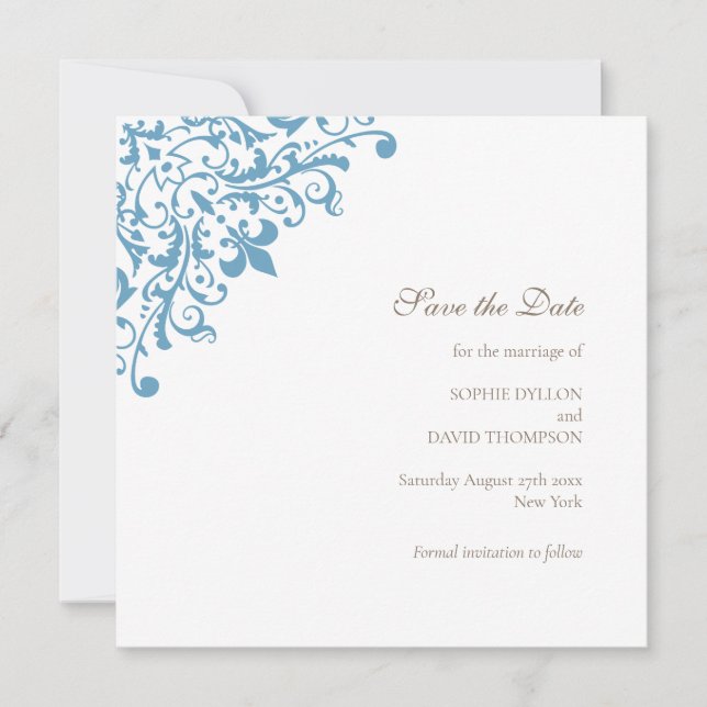 Regency French Blue Fleur de Wedding Save The Date (Front)