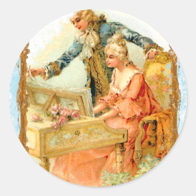 Regency French style Romantic Musical Couple Classic Round Sticker (Front)