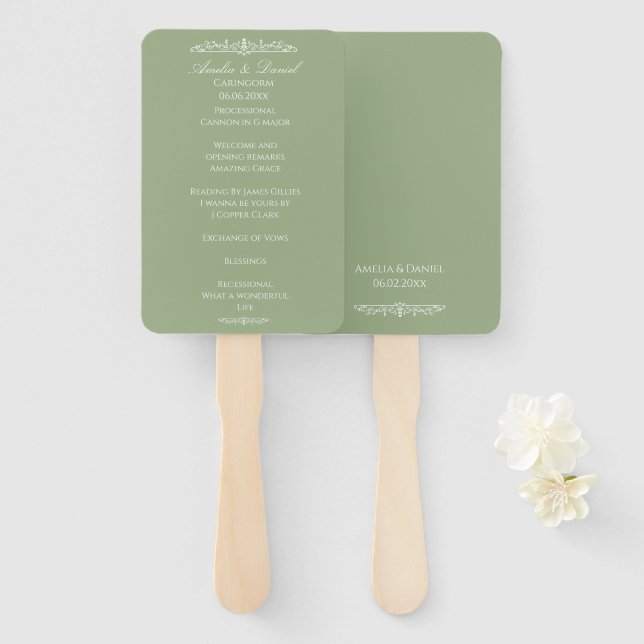 Regency Green wedding Ceremony Program Hand Fan (Front and Back)