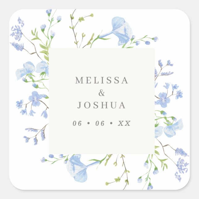 Regency Light Blue Watercolor Florals Wedding Square Sticker (Front)