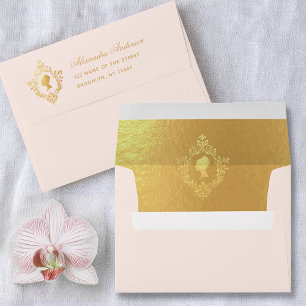 Regency Pink Faux Gold Elegant Lady Vintage Crest Envelope