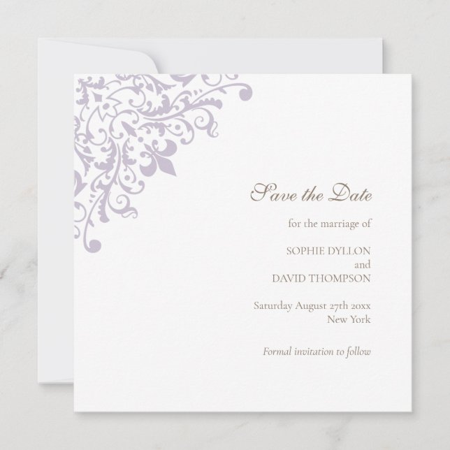 Regency Purple Fleur de Wedding Save The Date (Front)