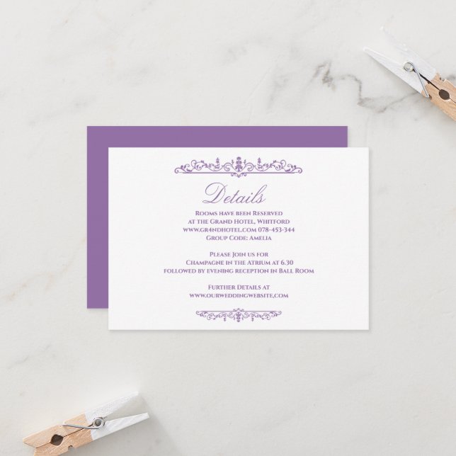 Regency Purple Style Wedding Details Card (Front/Back In Situ)