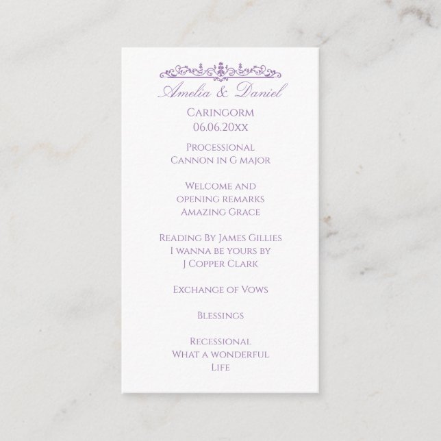 Regency Purple wedding Ceremony Program Enclosure Card (Front)