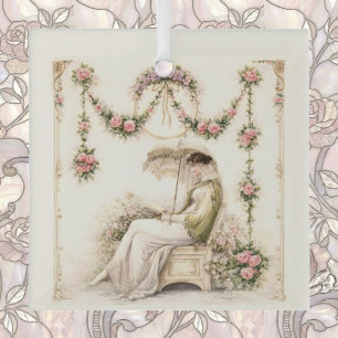 Regency Rose Garden Reading Lady Glass Tree Decoration