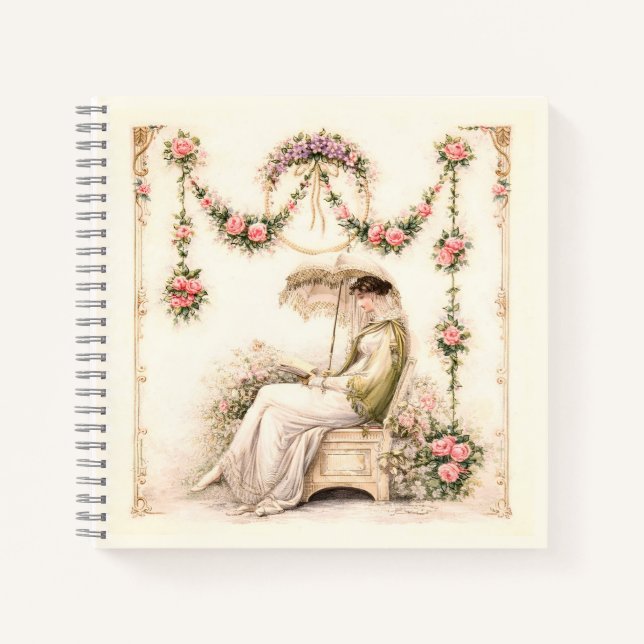 Regency Rose Garden Reading Lady Notebook (Front)