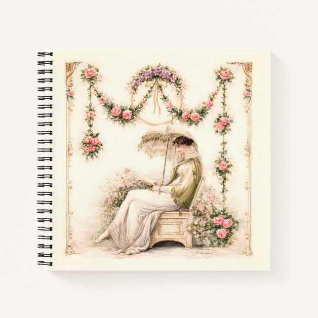 Regency Rose Garden Reading Lady Notebook (Front)