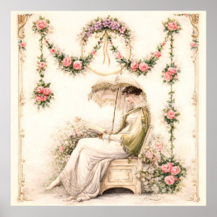 Regency Rose Garden Reading Lady Poster