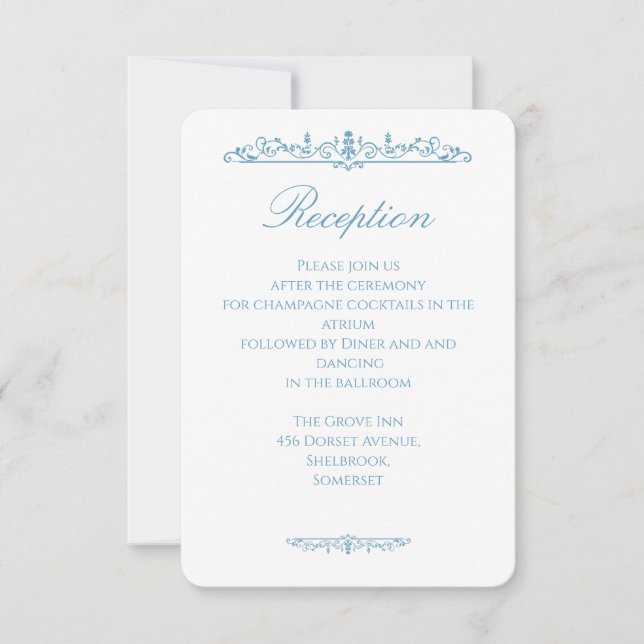 Regency Style Blue Wedding Reception Card (Front)