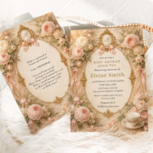 Regency Tea Party Baby Shower Pink Floral Pearls Invitation