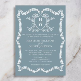 Regency Vintage Crest Floral Dusty Blue Wedding Invitation