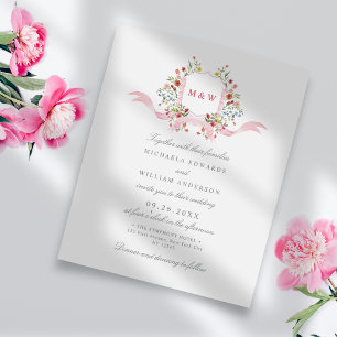 Regency Watercolor Floral Crest Wedding Invitation