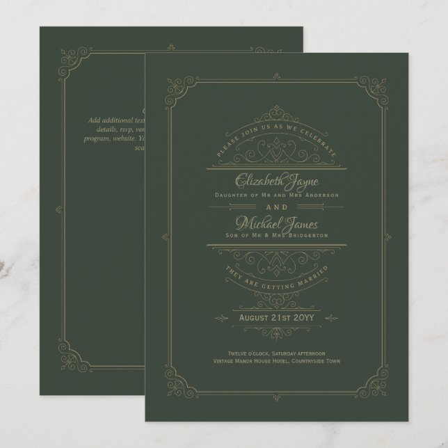 Regency Wedding Invitations Vintage Green (Front/Back)