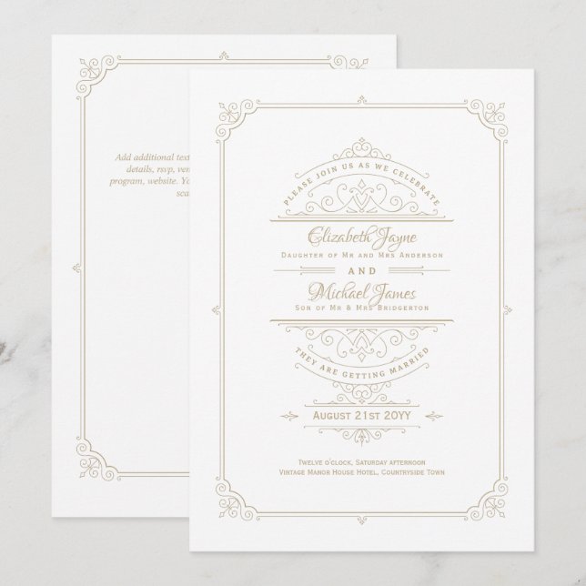 Regency Wedding Invitations Vintage Themed GOLD (Front/Back)
