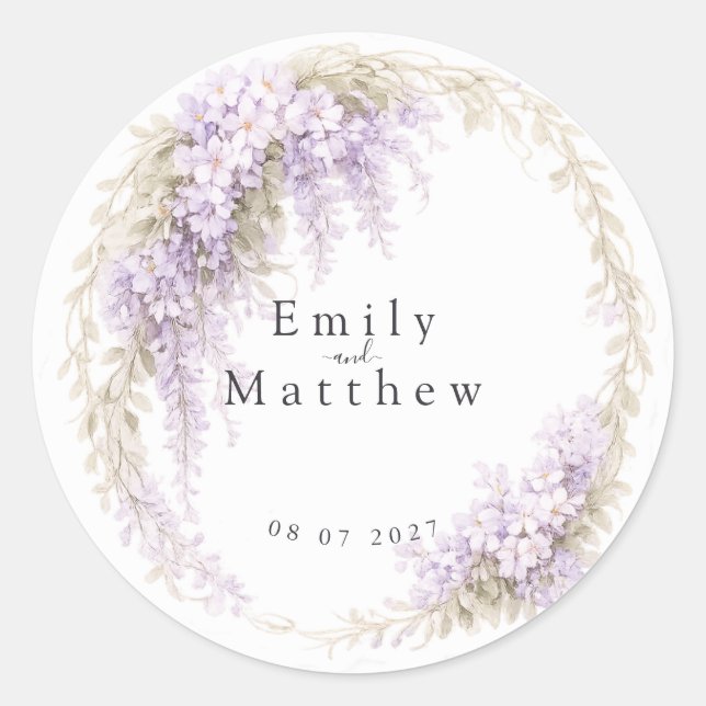 Regency Wisteria Round Wedding Stickers (Front)