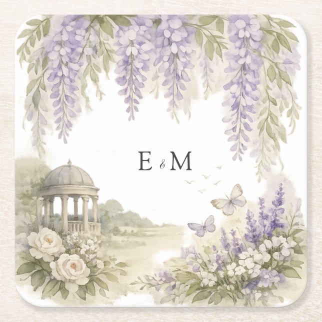 Regency Wisteria Wedding Square Paper Coaster (Front)