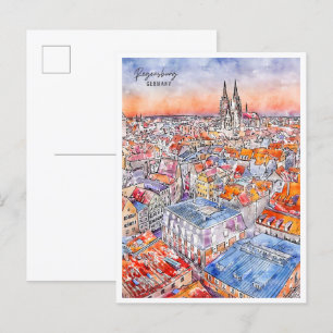 Regensburg Germany vintage travel watercolor Postcard