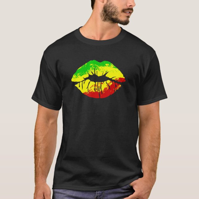 Reggae Music Jamaica Kissing Lips Flag Rastafari R T-Shirt (Front)