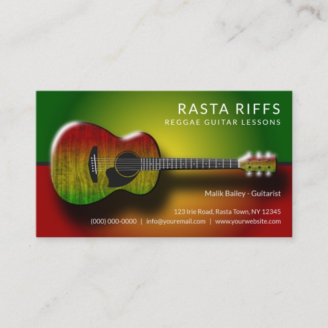 Reggae Rasta Riffs Guitar Lessons Music Teacher Business Card (Front)