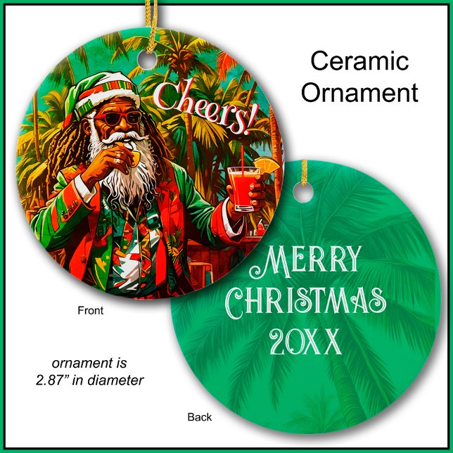 Reggae Santa Cheers Merry Christmas Tree Ornament (A fun custom ornament for your car or tree this Christmas.)