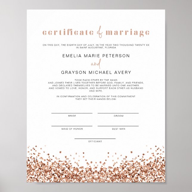 REGINA Glam Rose Gold Marriage Certificate Poster (Front)