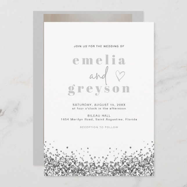 REGINA Glam Silver Glitter Sequins Disco Wedding Invitation (Front/Back)
