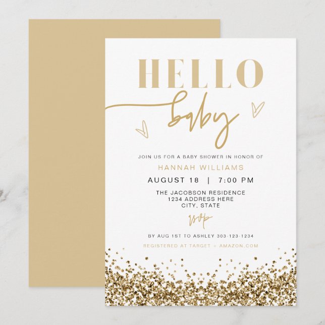 REGINA Hello Baby Yellow Gold Sequins Baby Shower Invitation (Front/Back)