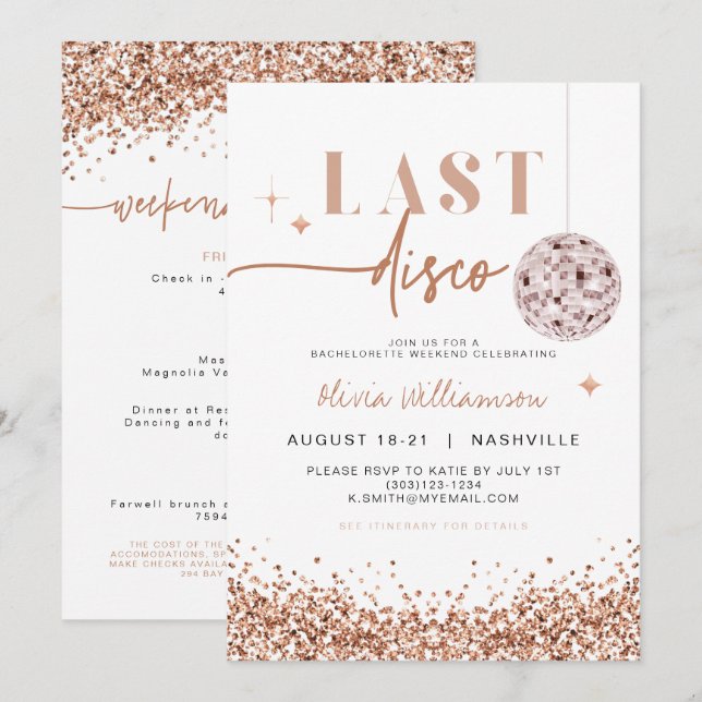 REGINA Rose Gold Last Disco Bachelorette Weekend  Invitation (Front/Back)