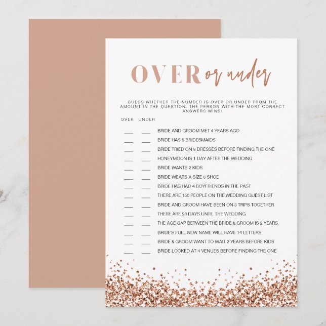 REGINA Rose Gold Over Under Bridal Shower Game Invitation (Front/Back)