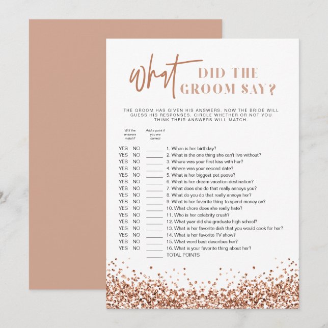 REGINA Rose Gold What Did The Groom Say Game Invitation (Front/Back)
