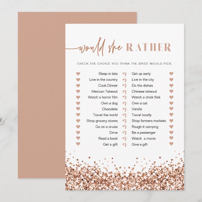 REGINA Rose Gold Would She Rather Bridal Game Invitation (Front/Back)