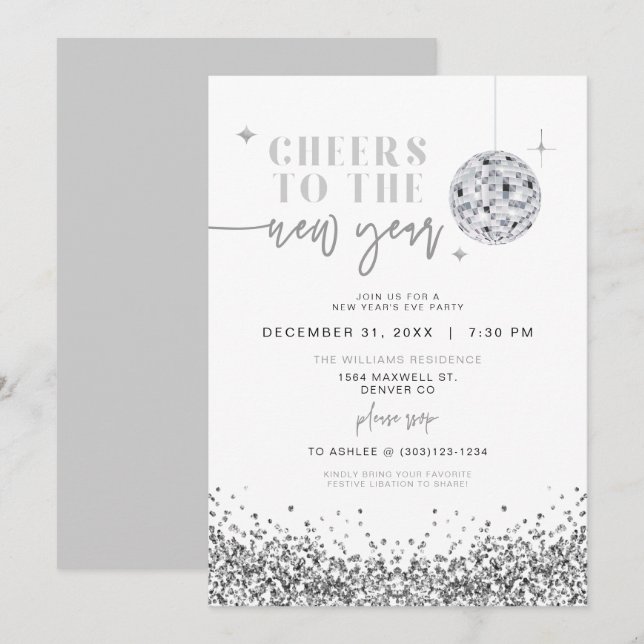 REGINA Silver Sequins Disco New Year's Eve Party Invitation (Front/Back)