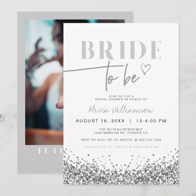 REGINA Silver Sequins Sparkly Bridal Shower Invita Invitation (Front/Back)