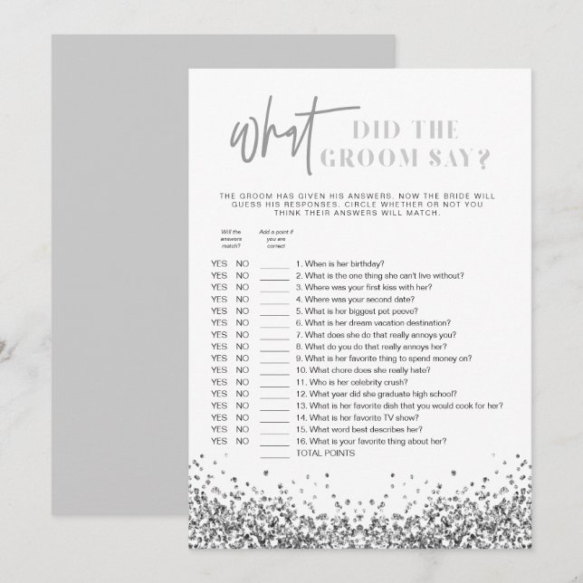REGINA Silver What Did The Groom Say Bridal Game  Invitation (Front/Back)
