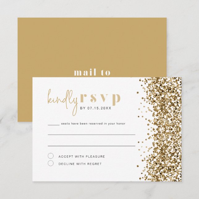 REGINA Yellow Gold Glitter Sequins Disco RSVP Card (Front/Back)