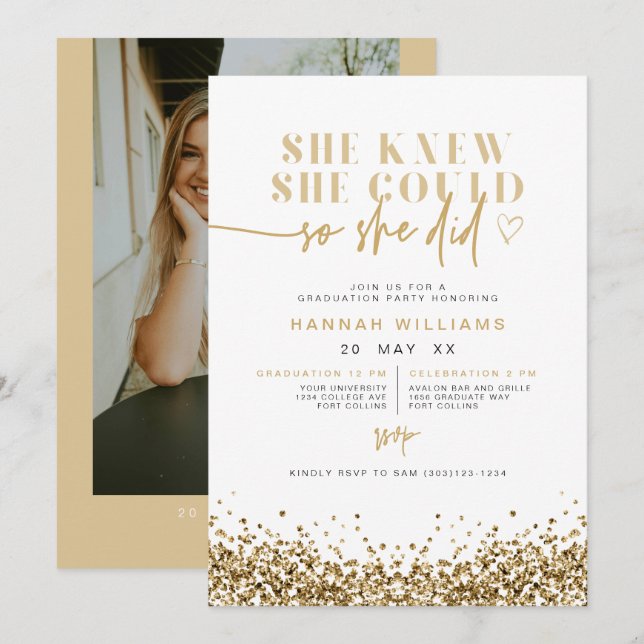 REGINA Yellow Gold Glitter She Did It Graduation I Invitation (Front/Back)