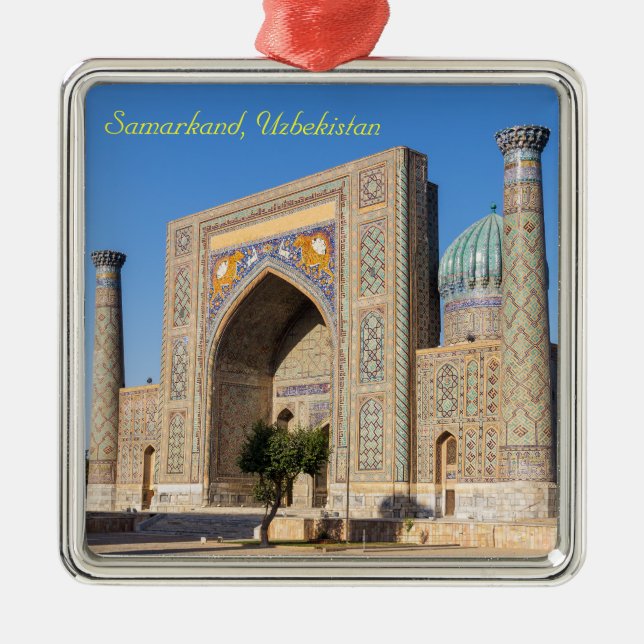 Registan square at sunset - Samarkand, Uzbekistan Metal Tree Decoration (Front)