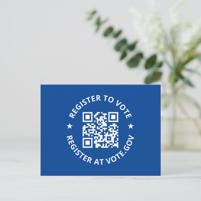 Register to vote scannable custom QR Code blue Postcard (Standing Front)